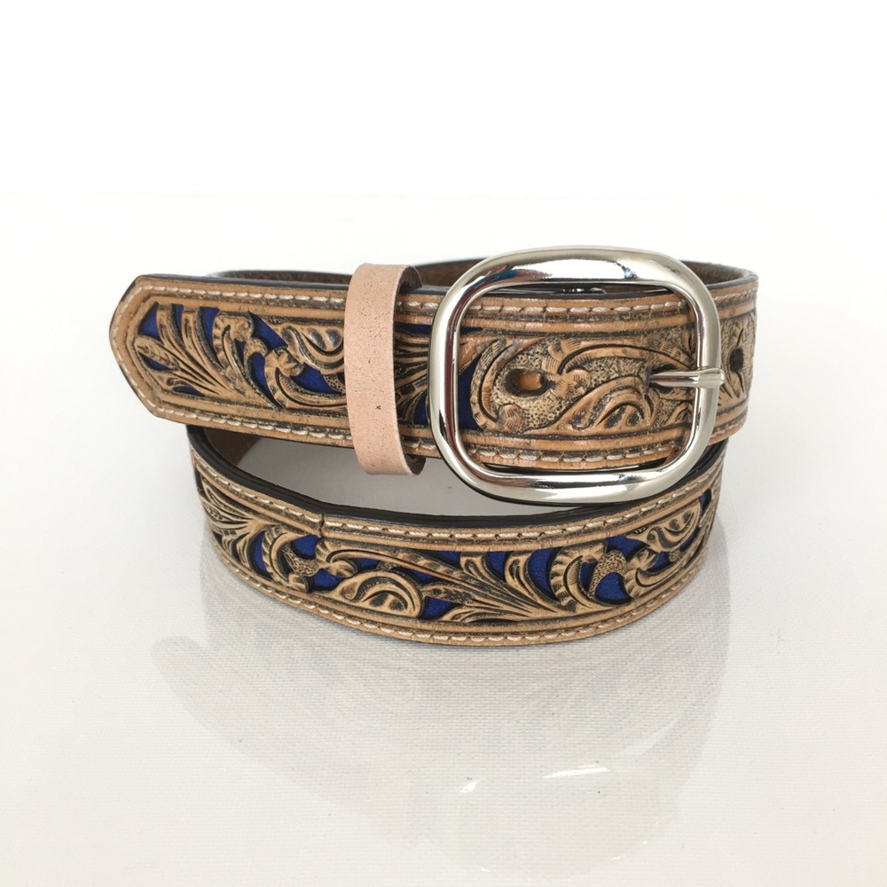 Nocona Boy's Western Rodeo Cowboy Belt Brown Blue Tooled Leather Inlay Size 26